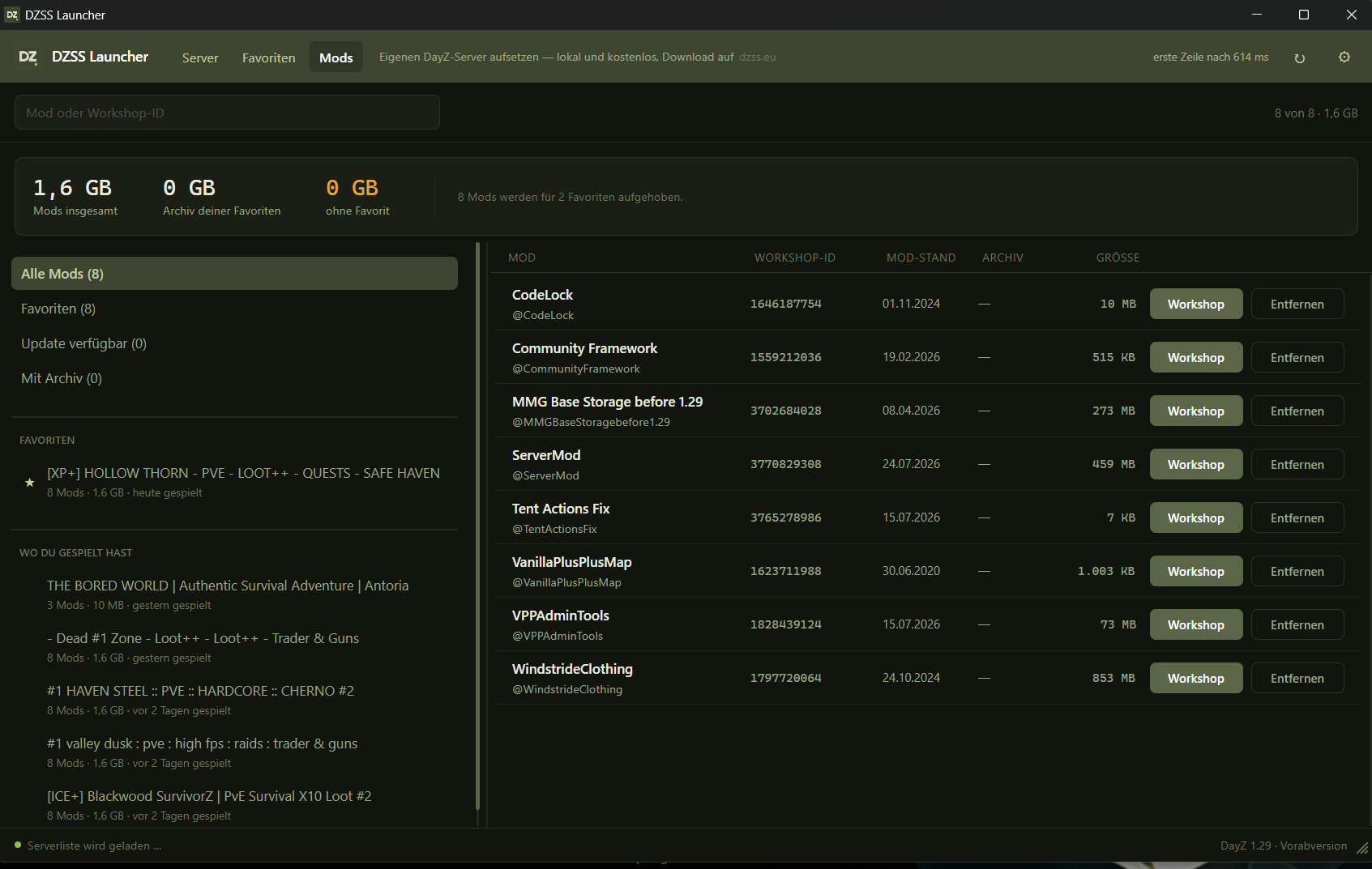 DZSS Launcher: DayZ-Mods aus dem Workshop mit IDs, Ständen und Größen