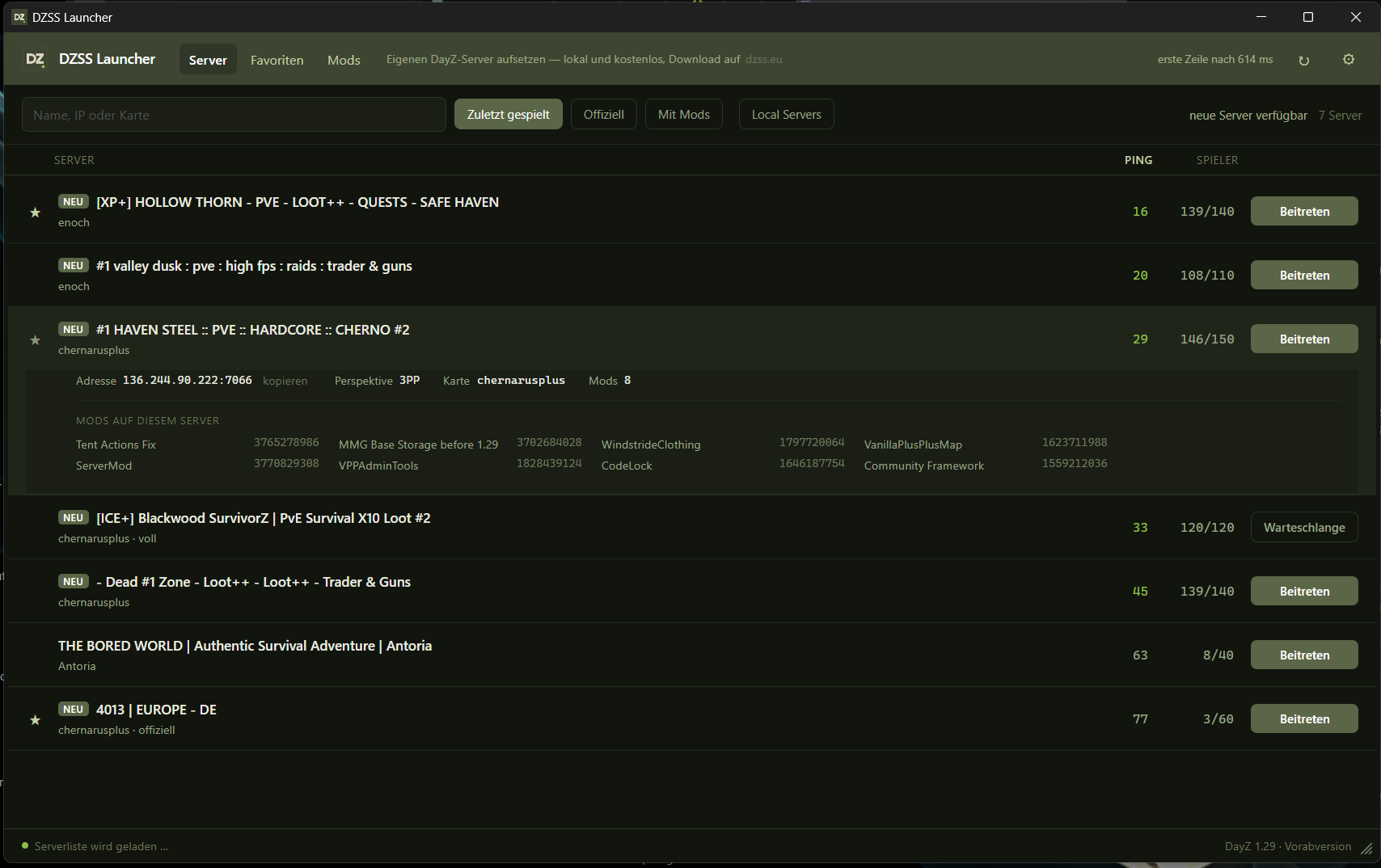 DZSS Launcher: Details eines DayZ-Servers mit Adresse, Karte und Mod-Liste
