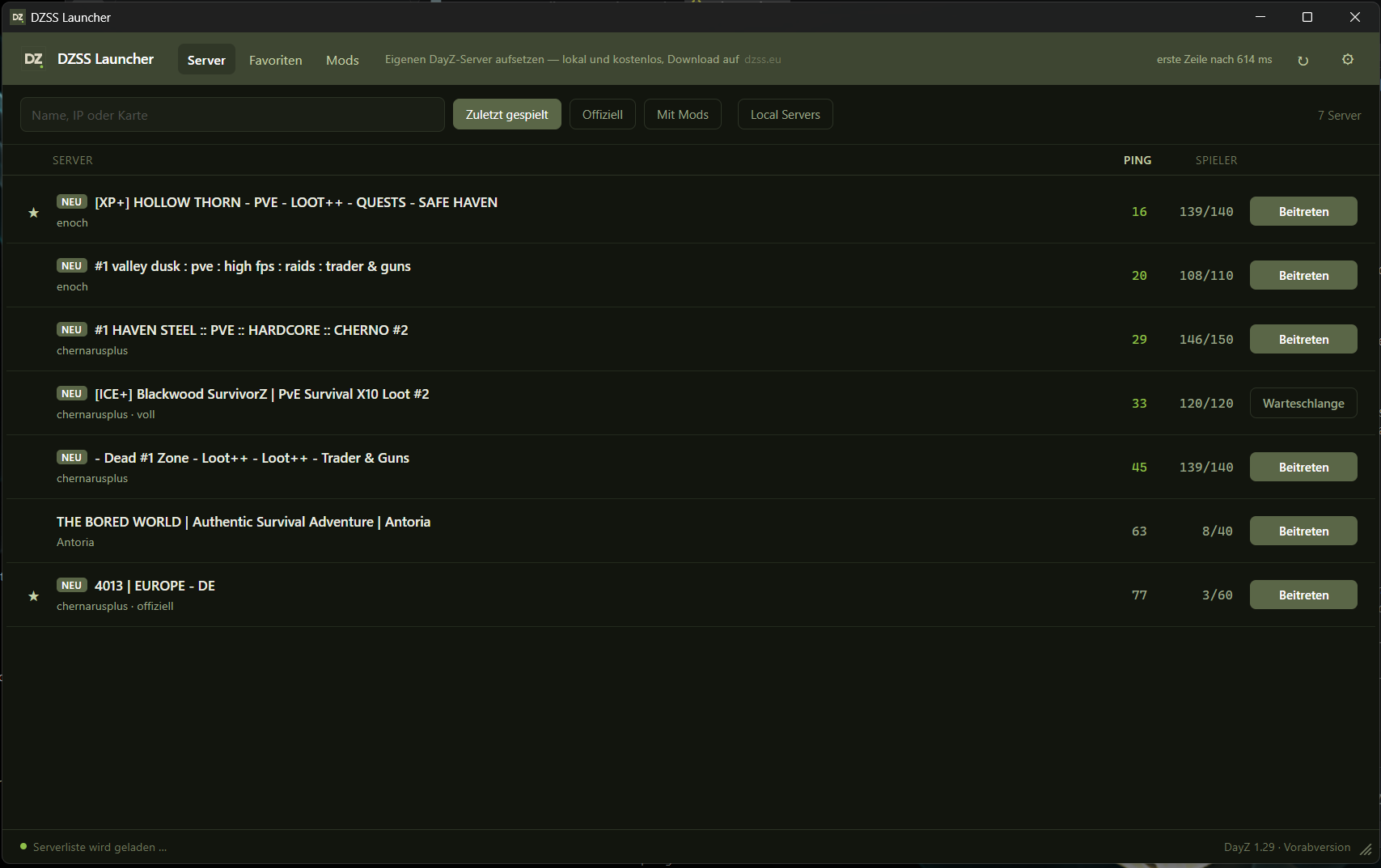 DZSS Launcher: DayZ-Serverliste mit Suche, Filtern, Ping und Spielerzahl